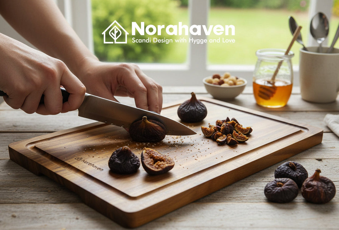 Cutting Board Cut Dried Fig, Why No Stick Knife No Crack? Norahaven Board's Complete Nordic Secret