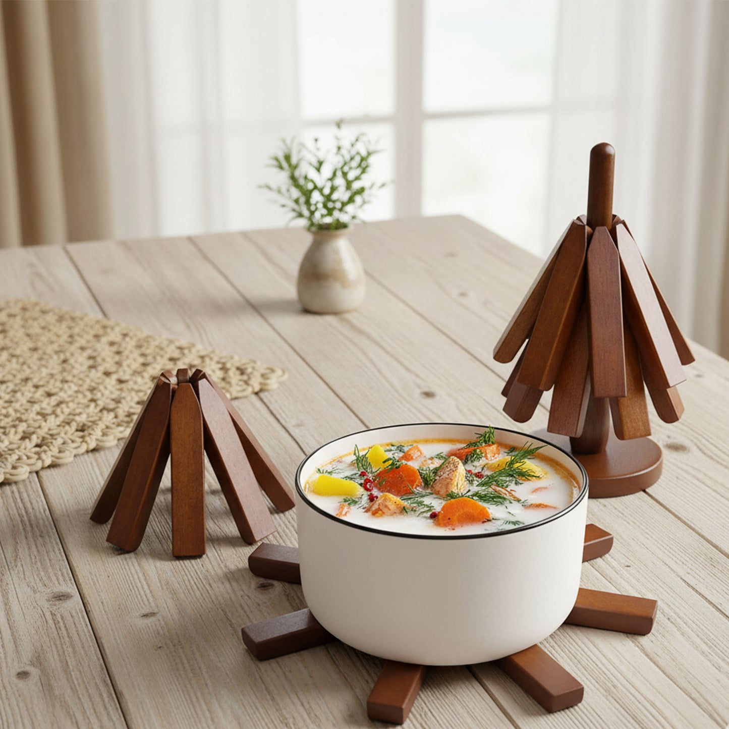 50 % rabatt på Underlägg i bokträ för varma rätter och kastruller - 4 st. trebenade underlägg + 1 st. hållare 