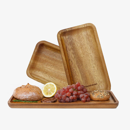 【20% OFF】Norahaven Trä Serveringsbrickor 3-delars Set - Tillverkad av en enda massiv träbit, icke hoplimmad