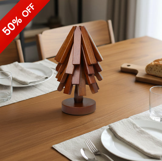 50 % rabatt på Underlägg i bokträ för varma rätter och kastruller - 4 st. trebenade underlägg + 1 st. hållare 